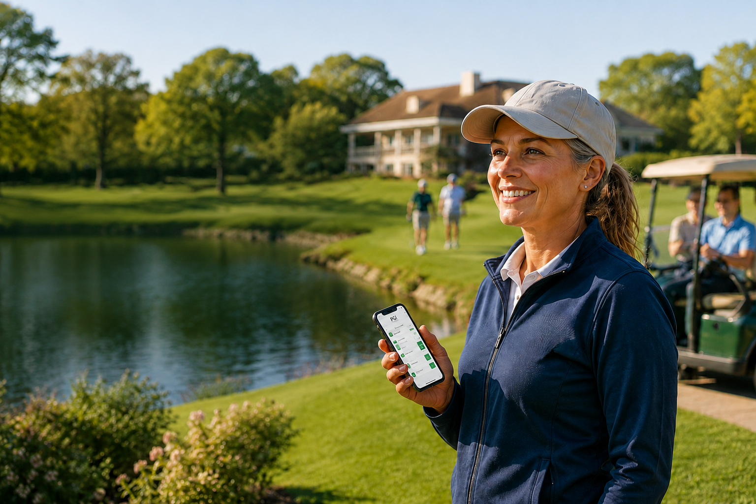 A PGI-certified course ambassador on the course with the PGI app in hand